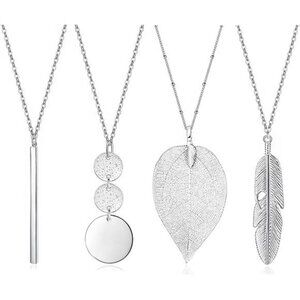 4 Long Necklaces for Women  Fashion Pendant Necklace Jewelry, Silver Bar Feather
